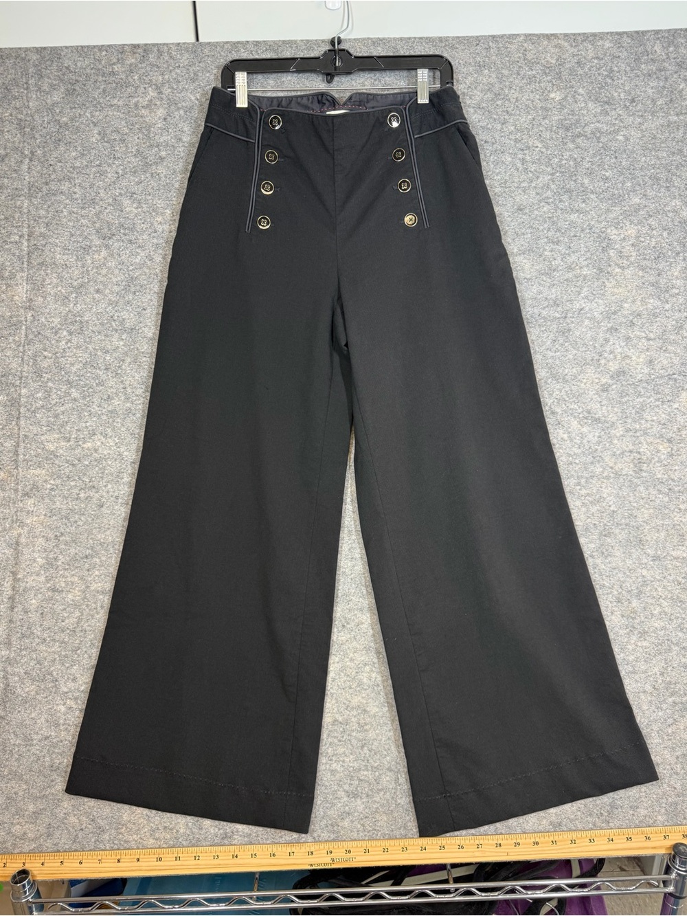 Elevenses Anthropologie Black Sailor Pants Size 12 Wide Leg Nautical Academia